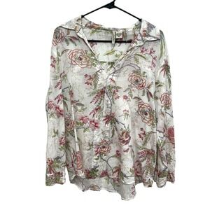 Floral Cotton Blouse XL Button Front Long Sleeve‎ Boho Romantic Indie Cottagecor